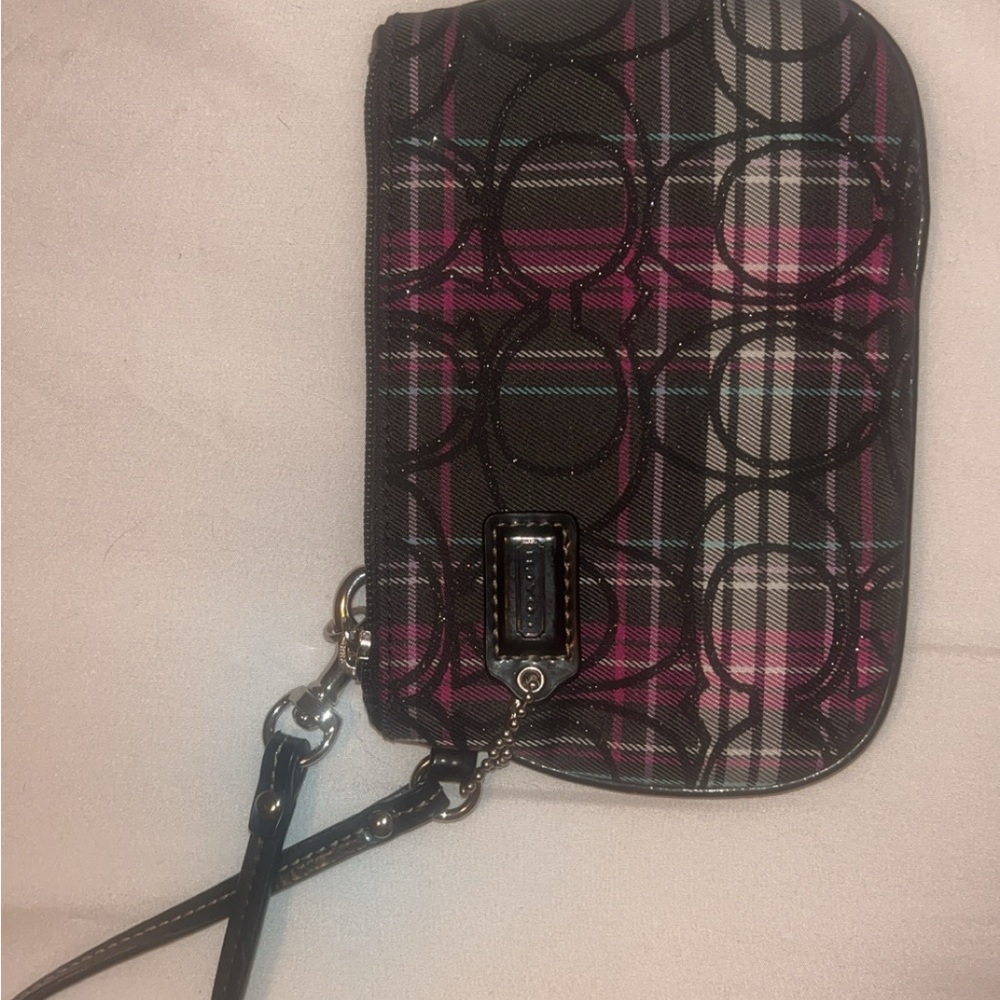 Coach poppy pink and black plaid with glitter monogram wristlet